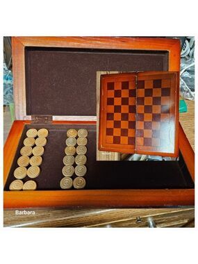 Vintage 80s Wooden Center-Folding Checkerboard with Carved Checkers